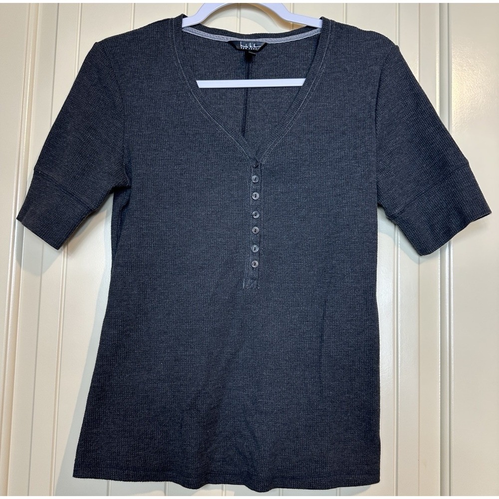 Nicole Miller gray short sleeve v-neck thermal henley waffle knit sz S‎ GUC 90s